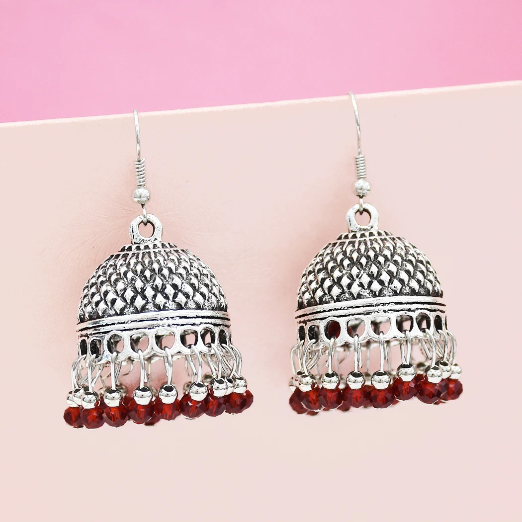 Индийские женские серьги Jhumka красные синие черные акриловые с бусинами