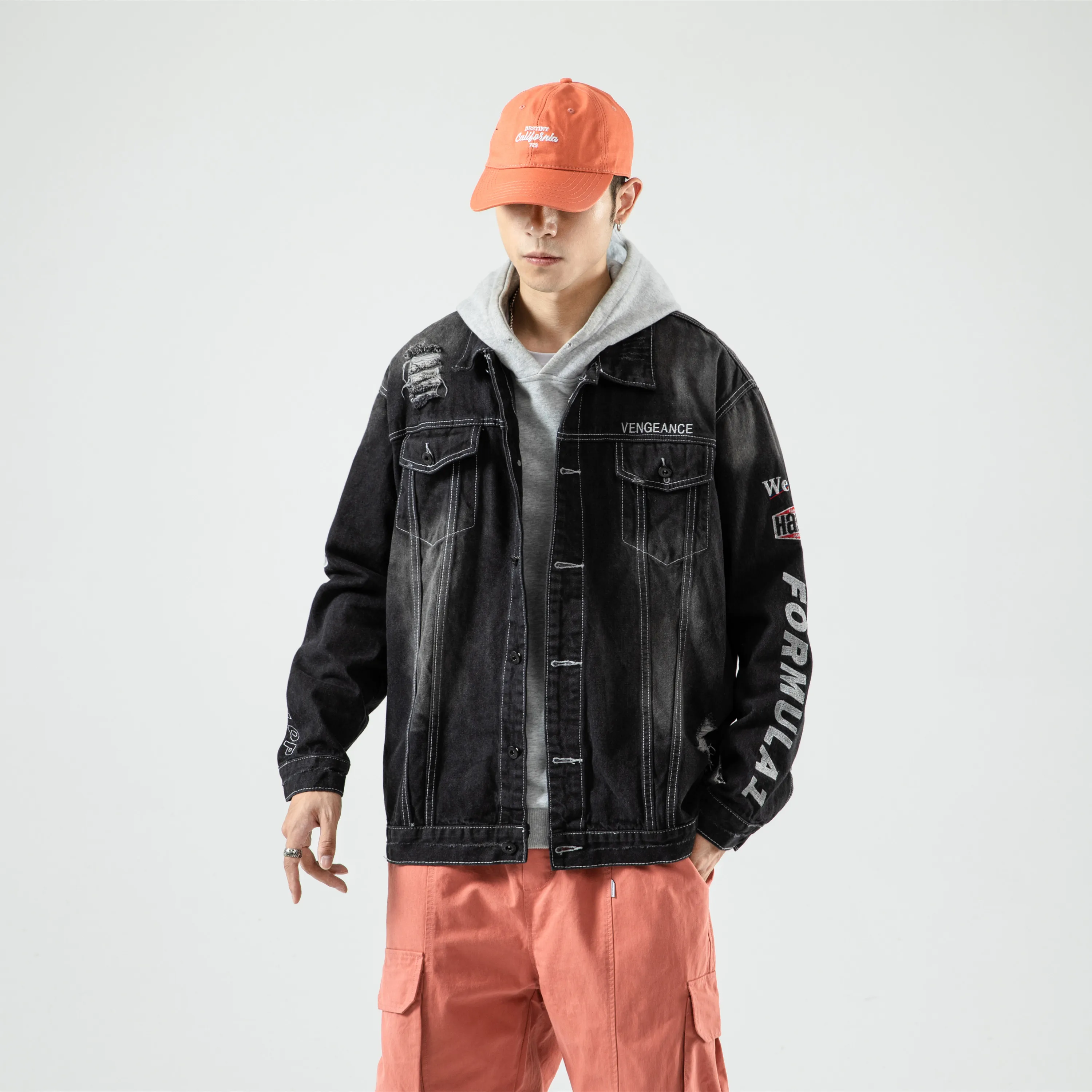 New High Street Fashion Letters Embroidery Stylish Men's Denim Jackets Hip Hop Casual Broken Hole Male Coat Streetwear Big Size