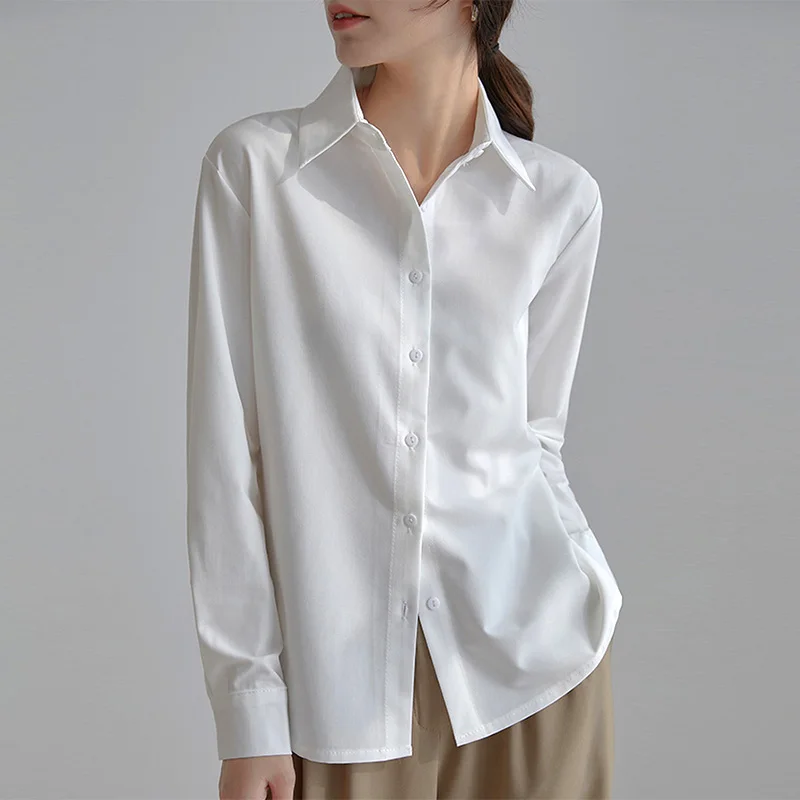 Long Sleeve Satin White Shirt Women 
