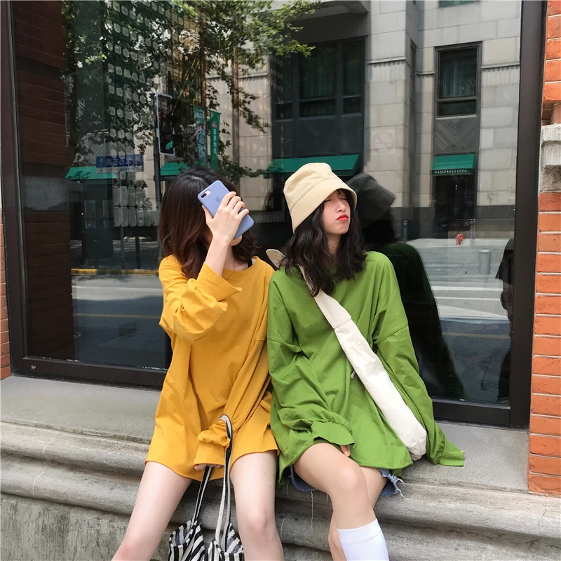 

7 colors 2019 korean style autumn casual side split solid color loose long sleeve t shirts womens tee shirt femme (K389)