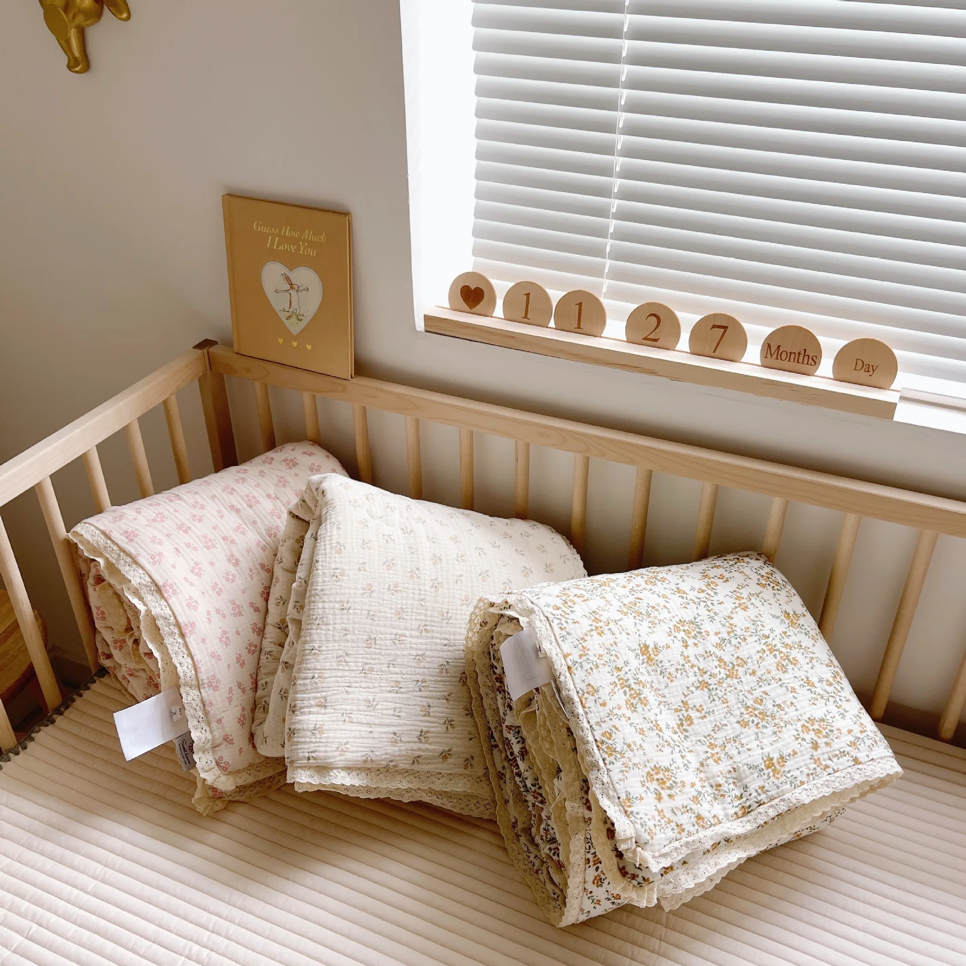 Korean Floral Lace Muslin Kids Baby Bed Quilt Cotton Gauze Children Infant Dolls Bedding Quilts Blanket Girl Princess Quilts