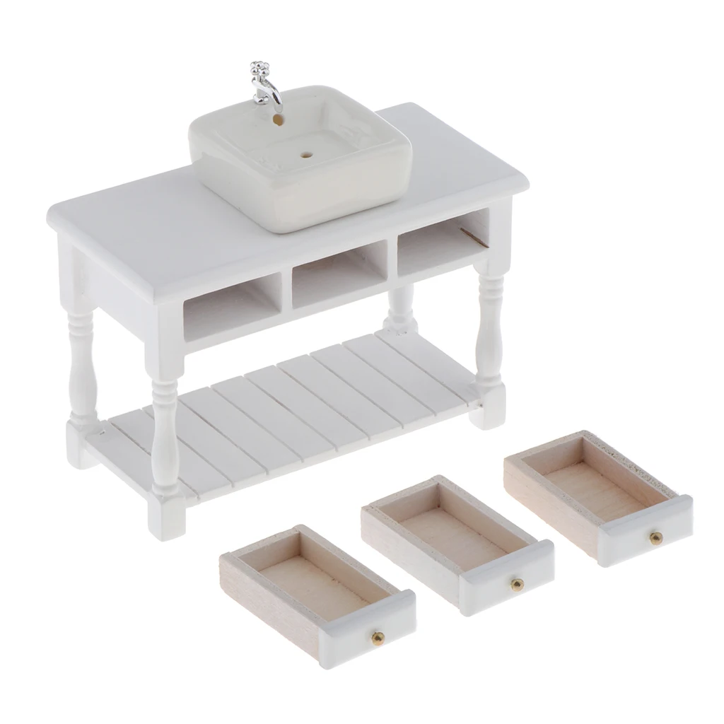 1:12 Mini Ceramic Wash Basin & Cabinet for Dollhouse Scenery Model Accessory