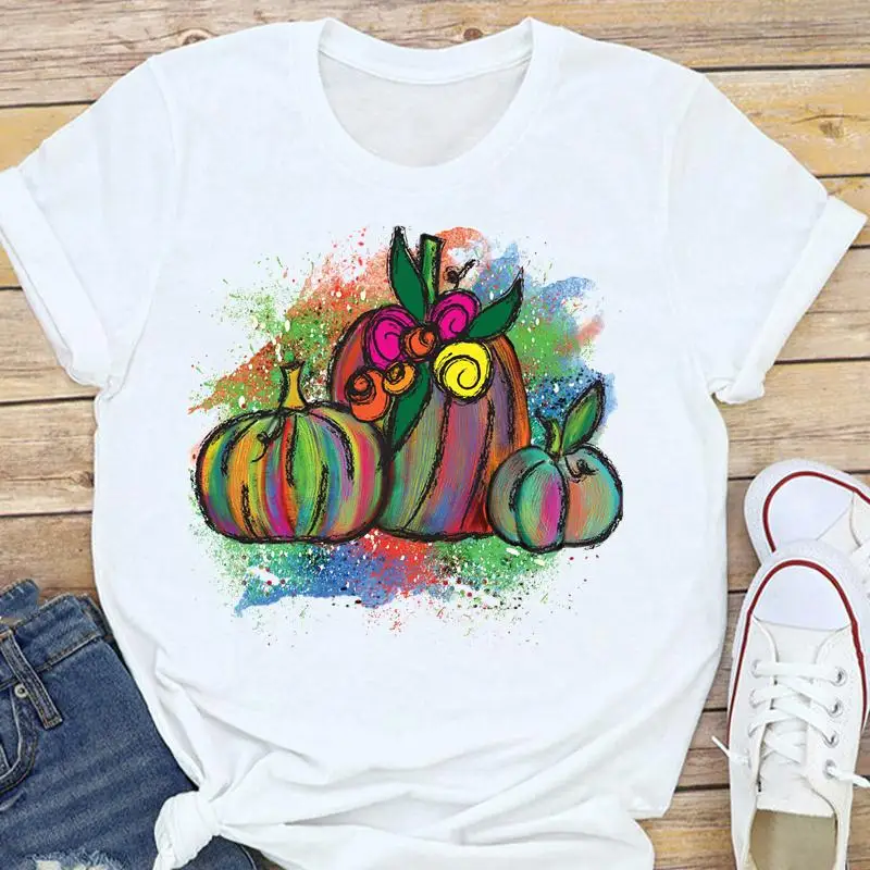 Graphic Watercolor 90s Trend Pumpkin Tees Fall Autumn Women Halloween Thanksgiving Female Kawaii Cartoon Tops Tshirt T-Shirt | Женская
