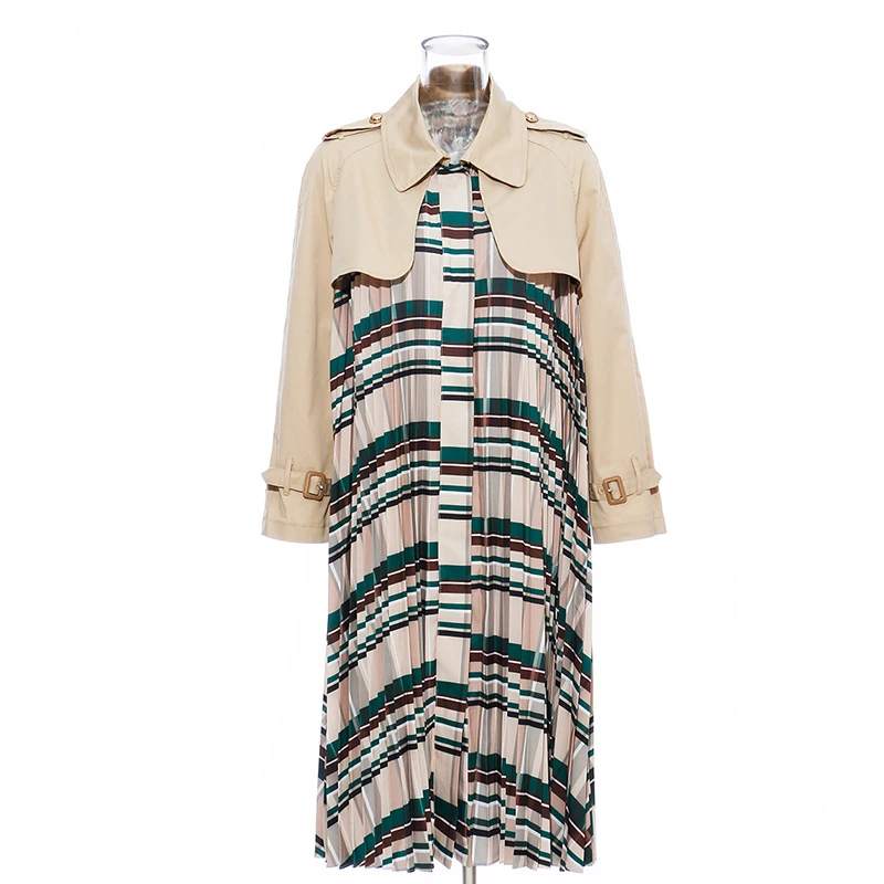 Khaki TWOTWINSTYLE Лоскутная клетчатая Женская ветровка воротник с отворотом длинный рукав высокая талия с поясом женское осеннее пальто мода - Цвет: Khaki