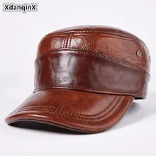 XdanqinX Новая мужская шапка из натуральной кожи, военная шапка из воловьей кожи, теплые наушники среднего возраста, шляпы, регулируемые размеры, плоская кепка для мужчин