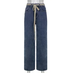 Moda carta solta calças de brim 2021 temperamento feminino cair em linha reta calças casuais rendas até solto papai emagrecimento denim calças