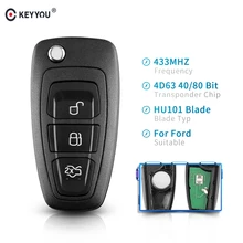 KEYYOU 3 Knoppen Fob Gewijzigd Flip Vouwen Afstandsbediening Autosleutel 315/433MHz 4D63 Chip Voor FORD Focus Fiesta mondeo Met HU101 Blade VRAGEN