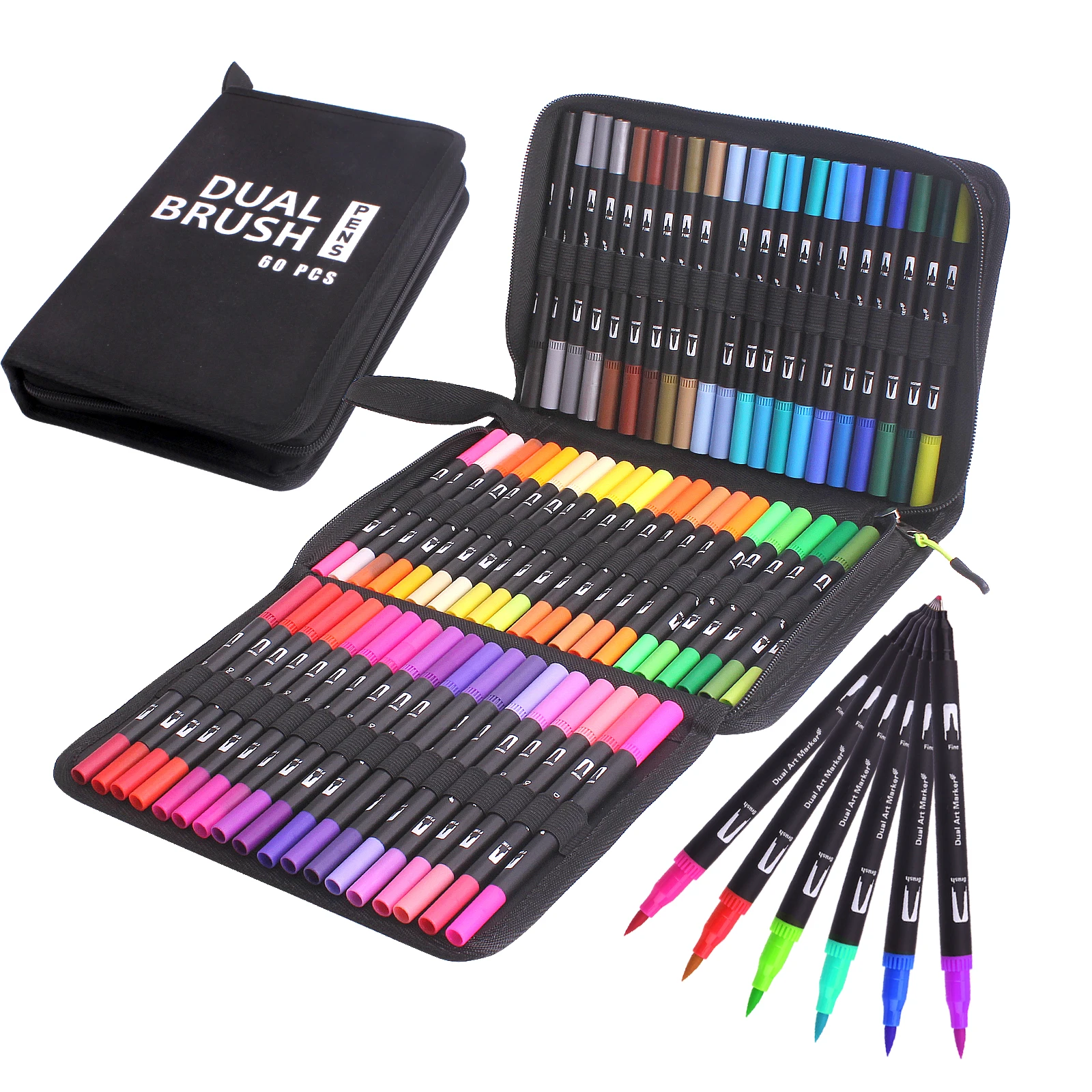 

60 Colors Art Pens Set, Fine Tip & Flexible Brush Pen Tip, Water Based Markers for Adult Coloring Calligraphy