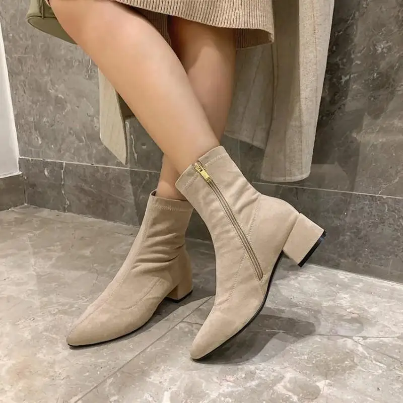 

2019 autumn boots thick with pointed suede fashion simple atmosphere elegant warm breathable basic women's shoes Ankle Winter