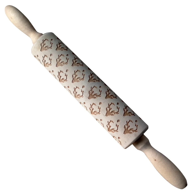 

Wooden Christmas Embossing Rolling Pin Home Cookies Baking Noodle Biscuit Cake Dough Engraved Roller Elk Head Pattern 35cm*4.3cm