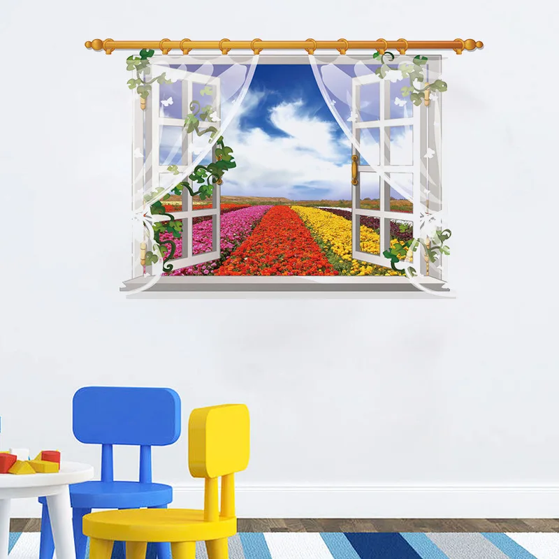 

Colorful flower sea screen window scenery false window landscape wall sticker environmental protection Removable Wall Sticker