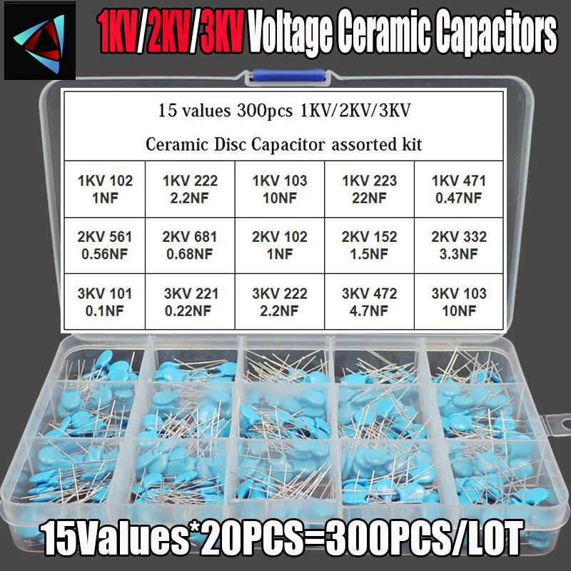 15Values 300Pcs 1KV/2KV/3KV (0.1nF to 22nF) High Voltage Ceramic Disc Capacitor Assorted Kit With Storage BOX | Электронные