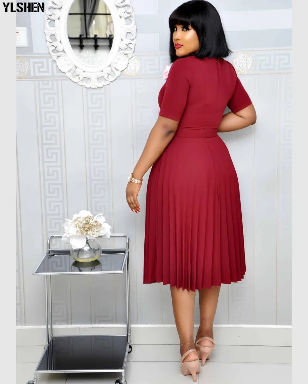 Pleated African Dresses For Women 2020 Elegent Fashion Style African Women Plus Size Polyester Knee-length Dress S-3XL 04