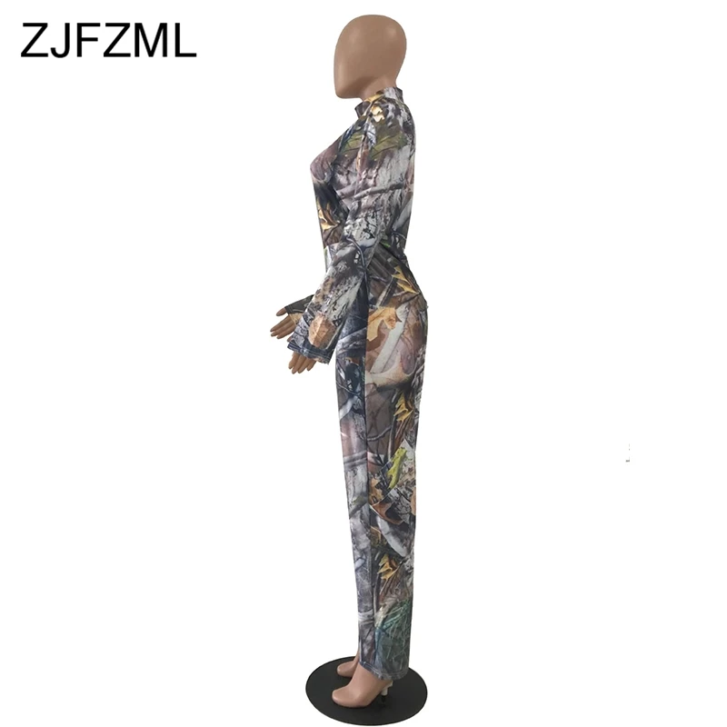 Colorful Print Sexy Jumpsuit For Women Long Sleeve High Necked Skinny Full Length Romper Casual Ladies Back Zipper Party Overall