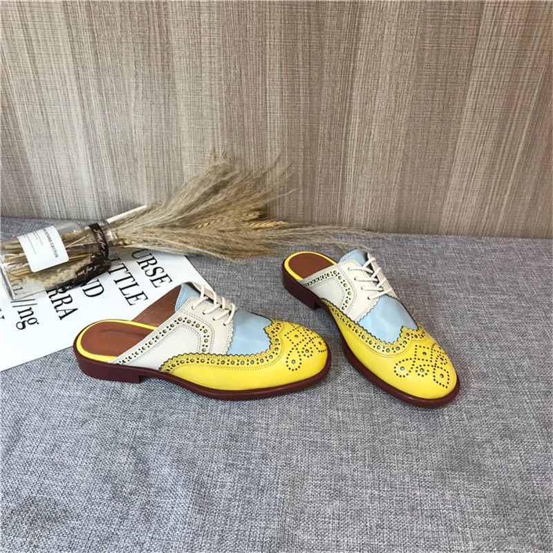 2020 Summer Slides Women's Shoes Carved Round Toe Flats Heel Brogues Mules Shallow Mouth Color Block Oxford Shoes Slippers Women (5)