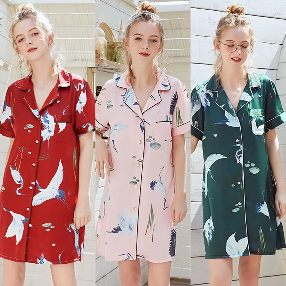 

Women Sexy pajamas Summer Short Style Printed Silk Lingerie Home Nightgown Sleepshirts A8