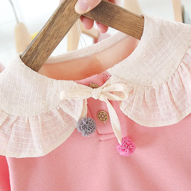 Children Winter Baby Girls Solid Color Sweater Long Sleeves Casual Lapel Plus Velvet Sweet Tops