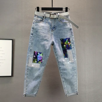 

Plus Size Jeans Women Summer New European Station Elastic High Waist Sequins Crystal Diamond Harem Pants Jean Pants Ladies Jean