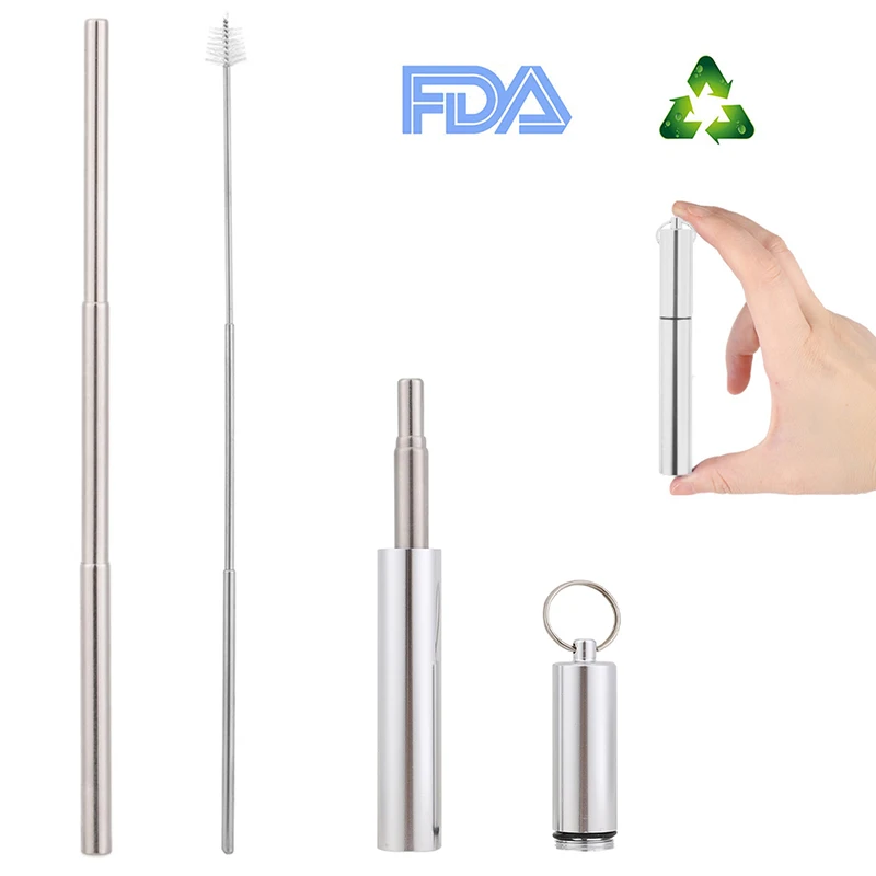 Reusable Telescopic Stainless Steel Straws Metal Drinking Straw With Keychain Storage Case And Cleaning Brush - Цвет: Серебристый