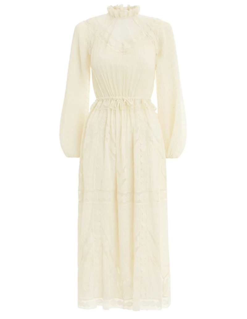 [MENKAY]Hige Neck Lace Pleated Fairy Dress Women Solid Color Sweet Party Solid High Waist Midi Dress
