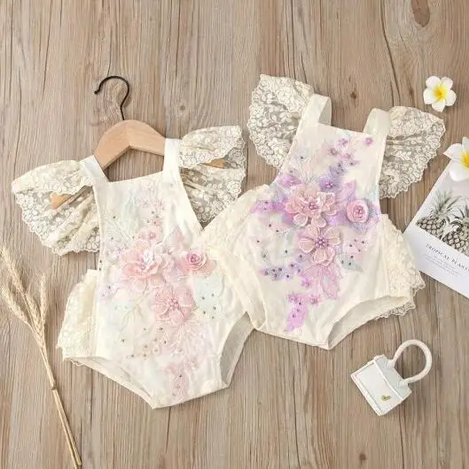 0-24M Summer Newborn Baby Girls Crochet Lace Romper Toddler Fly Sleeve Square Collar Tie-up Playsuit Embroidery Floral Jumpsuit