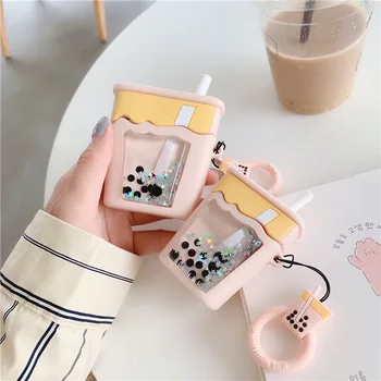 

3D Cartoon Case for AirPods Pro Glitter Cute Cover Silicone Bluetooth Earphone Protective Case with Ring Strap Milk Tea Bottle