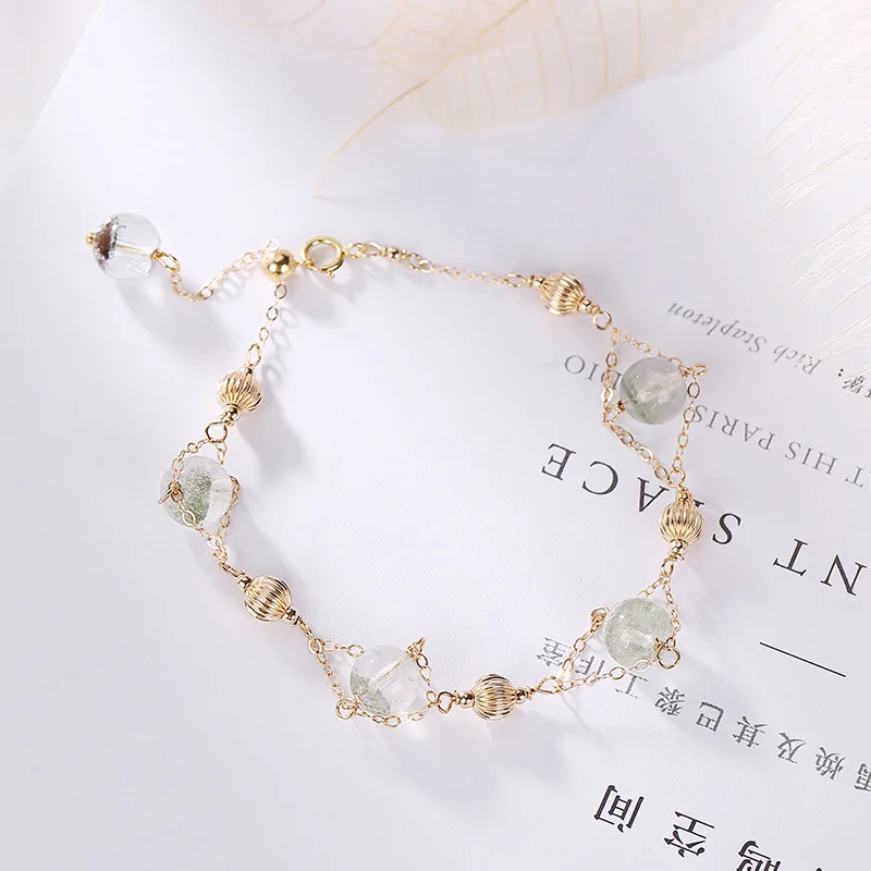 

One Deer Silver 14k Gold Green Phantom Quartz Crystal Lucky Bracelets Fashion Simple Non-mainstream Design Elegant Women's Brace