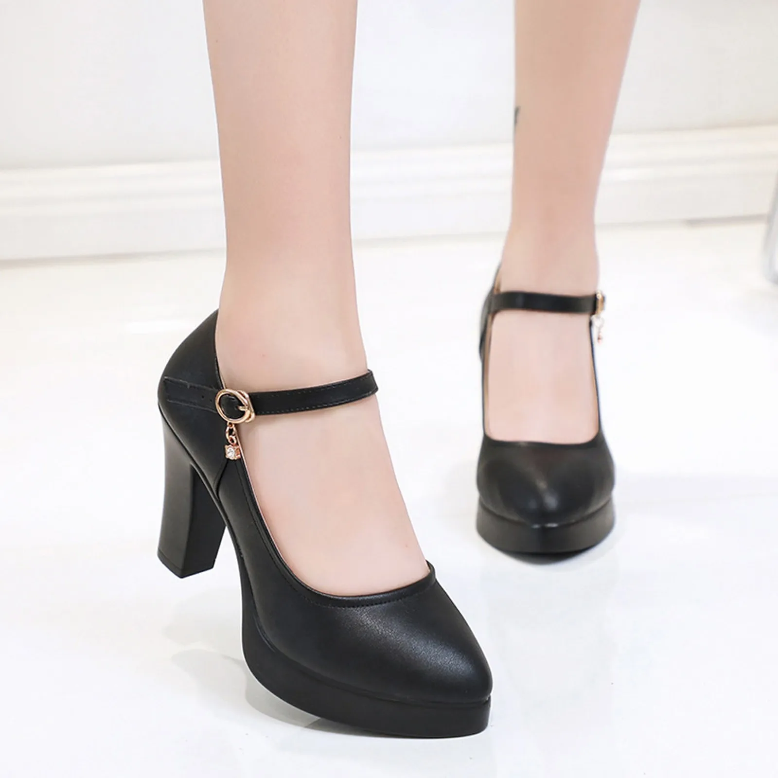 Zapatos de tacón alto para mujer, calzado Sexy, de talla grande, con punta en pico, transpirable, con correa de hebilla, con diamantes de imitación, informales, para trabajo