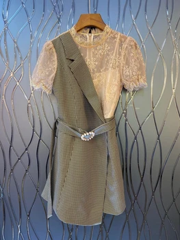 

2020 Spring and Summer New Women's Lining Lace Perspective Stitching Irregular Striped Buckle Short-Sleeve Dress 614