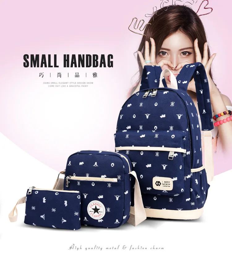 

2017 New Style Canvas Printed Backpack Korean-style Casual Shoulder Bag Three-piece Set School Bag