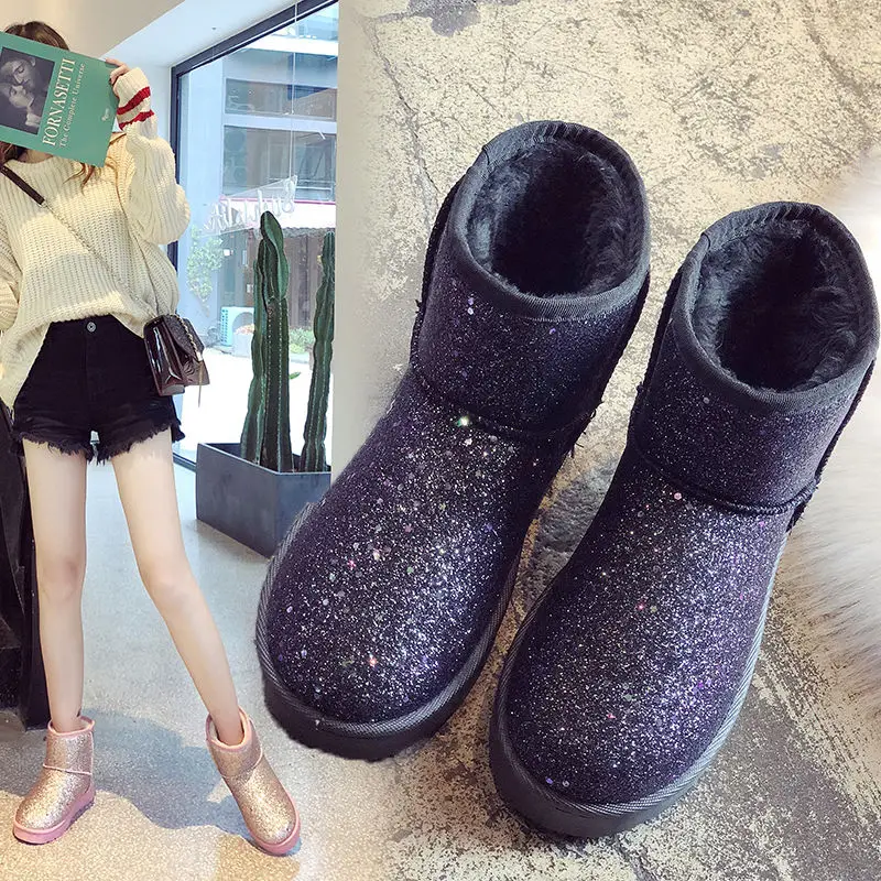 

Winter tide sequined boots flat student snow boots thick short cotton shoes plus velvet waterproof non-slip bread shoes