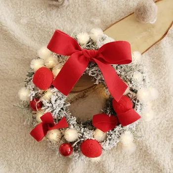 

Christmas Wreath Handmade Rattan Flocking Ball Garland Flower Xmas Tree Door Hanging Wreath with LED String Light Wall Decor