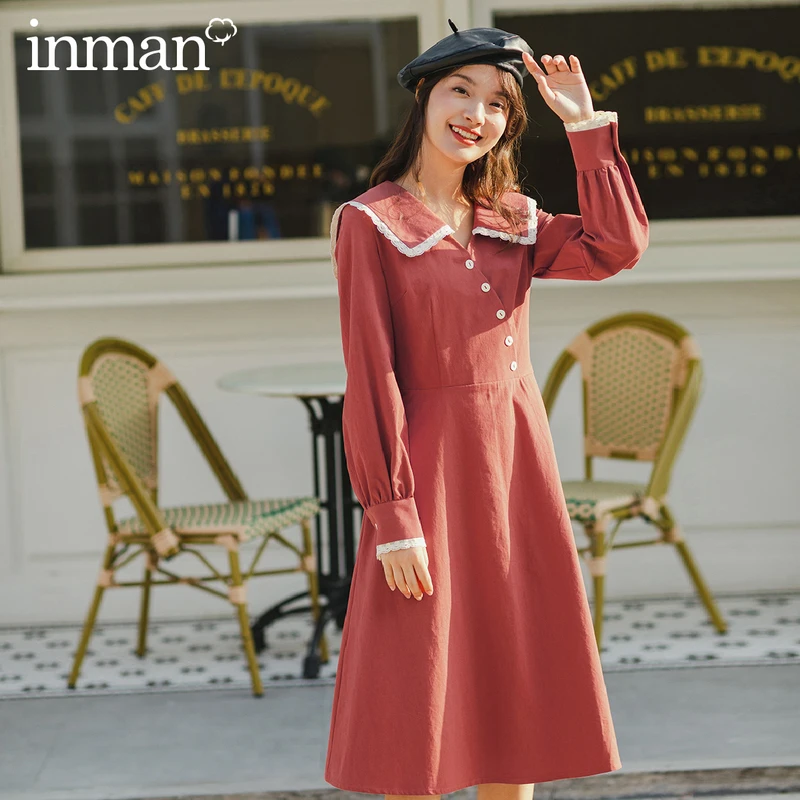 

INMAN 2020 Spring New Arrival Literary Retro Doll Collar Button Decoration A Line Knee-Length Dress