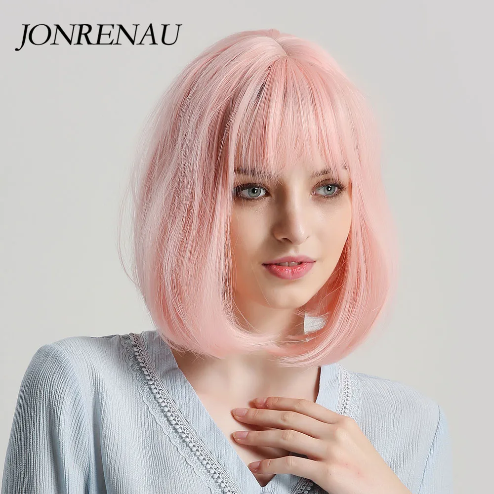 JONRENAU 12 inches Short Straight Synthetic Bob Wigs with Bangs for Women Fashion Pink Party Wig or Cosplay