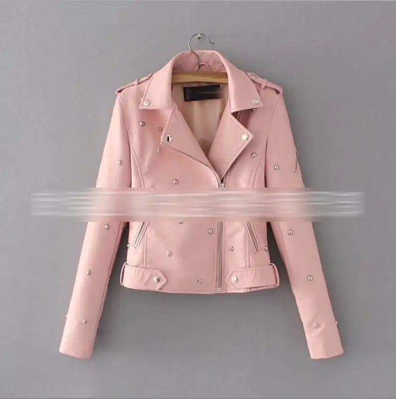 Женская Осенняя кожаная куртка с заклепками, уличная одежда, мотоциклетная Мода, Искусственная верхняя одежда, пальто, 5 цветов - Цвет: pink