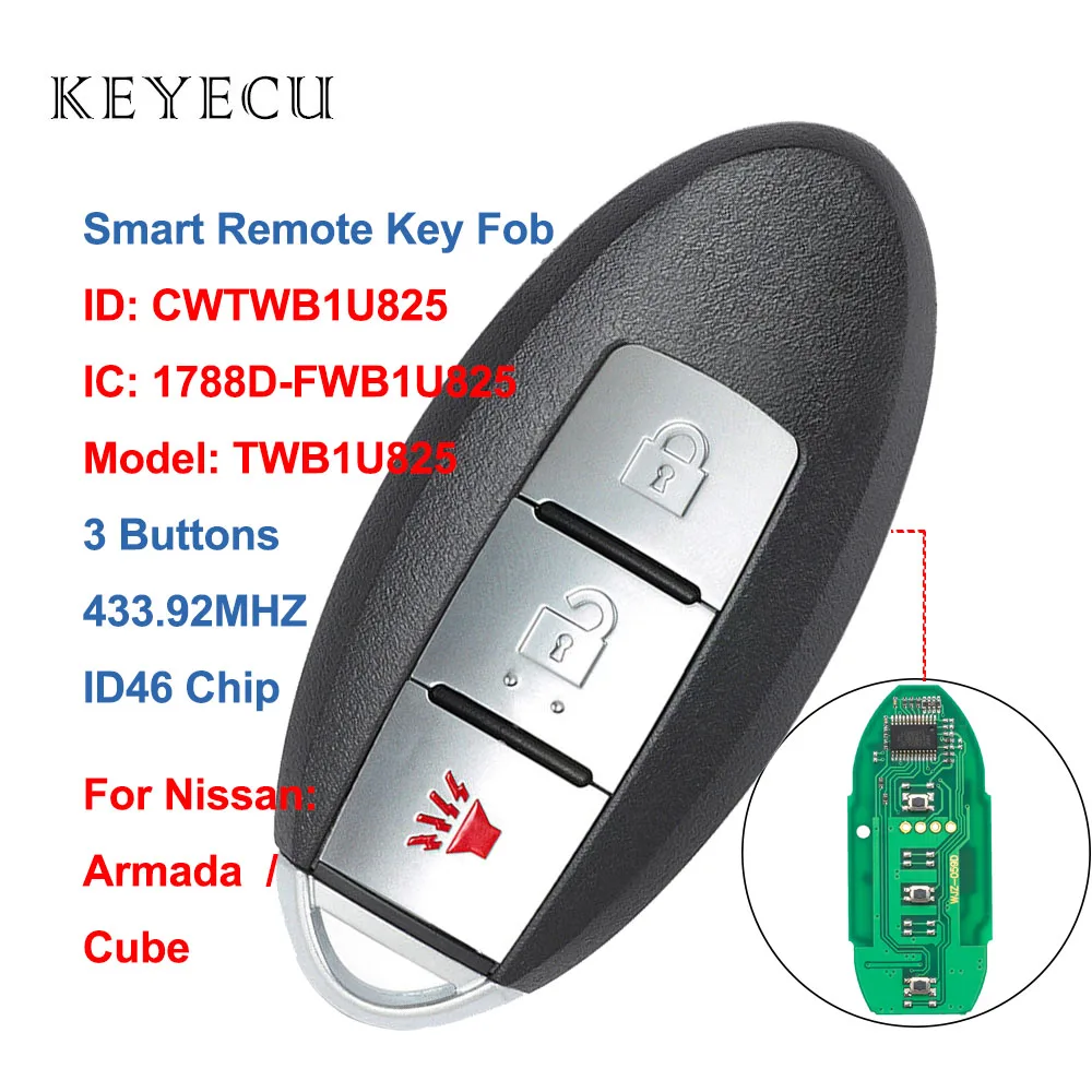 Keyecu CWTWB1U825 умный Автомобильный Брелок дистанционного управления с ключом 3 кнопки 433,92 МГц ID46 чип для Nissan Cube 2009-2010 Armada