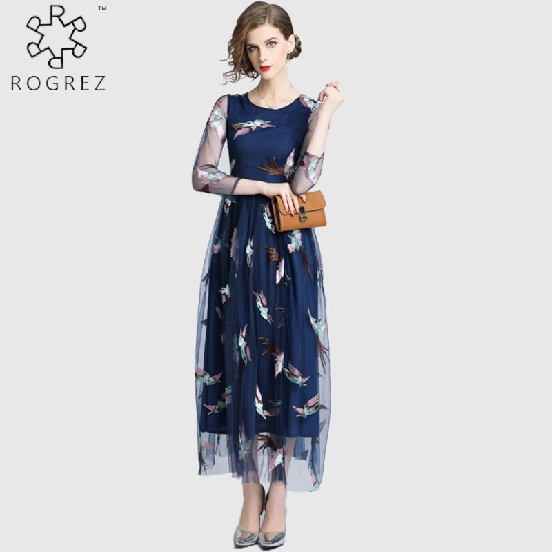 ROGREZ Blue женское элегантное платье Vestido полупрозрачное Сетчатое платье с длинным рукавом с рисунком птицы Повседневное платье с круглым вырезом длинное платье в стиле бохо