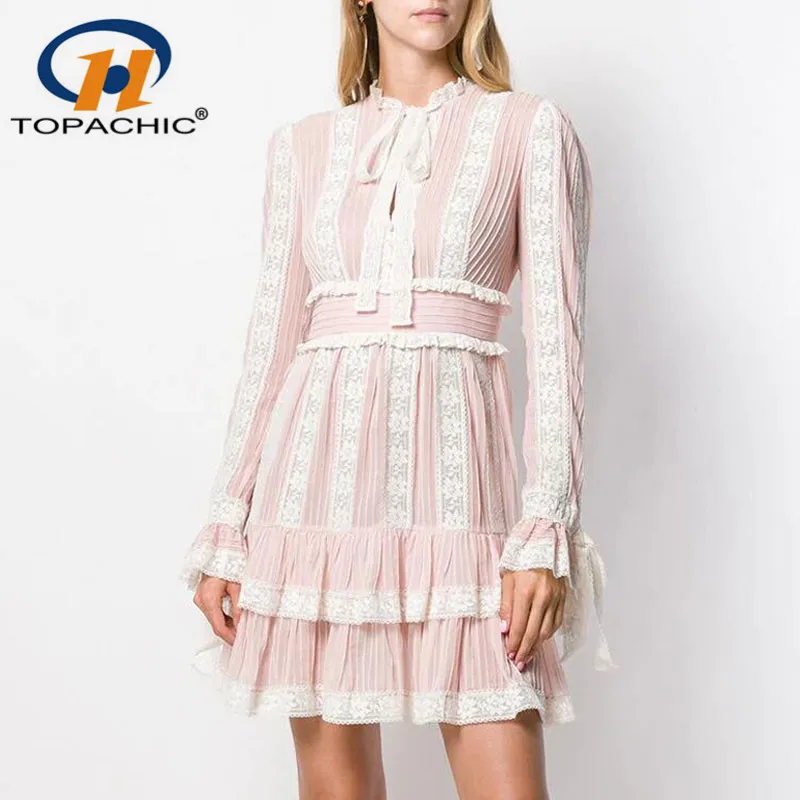 

8.9 Pink Lace Mini Dress Women ZIM New Sweet Sash Bow Long Sleeve Ruffle 2019 Autumn Female Beach Dresses Fashion Female