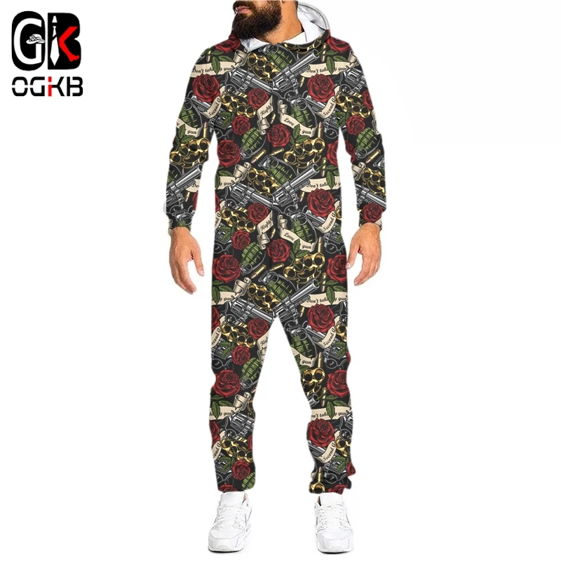 

OGKB 3D Gun And Red Rose Print Loungewear Pajamas Unisex Loose Hooded Zip Open Sleepwear Onesies For Adult Jumpsuits Wholesale