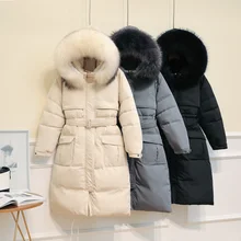 Зимняя куртка женская белая куртка на утином пуху природный натуральный мех зимняя верхняя одежда с капюшоном изящное длинное пальто толстая теплая пуховая парка