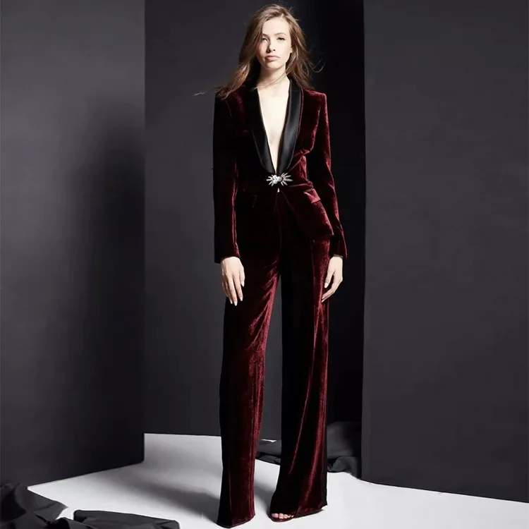 Высокое качество, женская зимняя мода, v-образный вырез, длинный рукав, костюм, куртка+ прямые брюки, золотой бархат, профессиональный офисный комплект