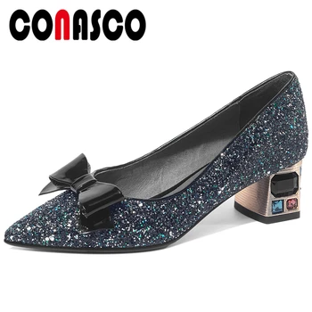 

CONASCO Women Pumps Elegant Wedding Party Night Club Shoes Butterfly Knot Blingbling Crystal Decoration Thick Heels Shoes Woman