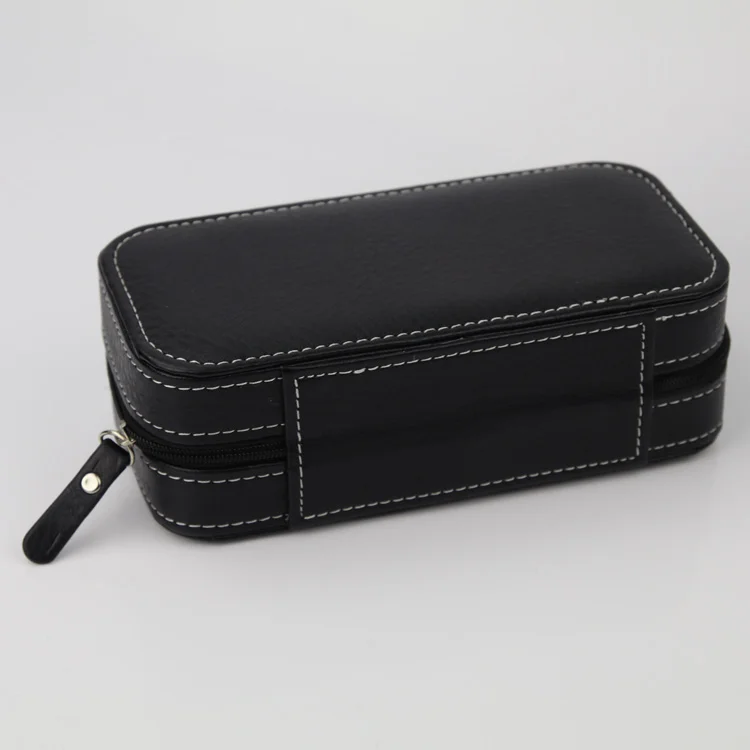 Zippered-Luxury-Two-Watch-Travel-Storage-Case-Storage-Case-Organizer-Black-Leatherette-2-Slots-Pocket-Watch