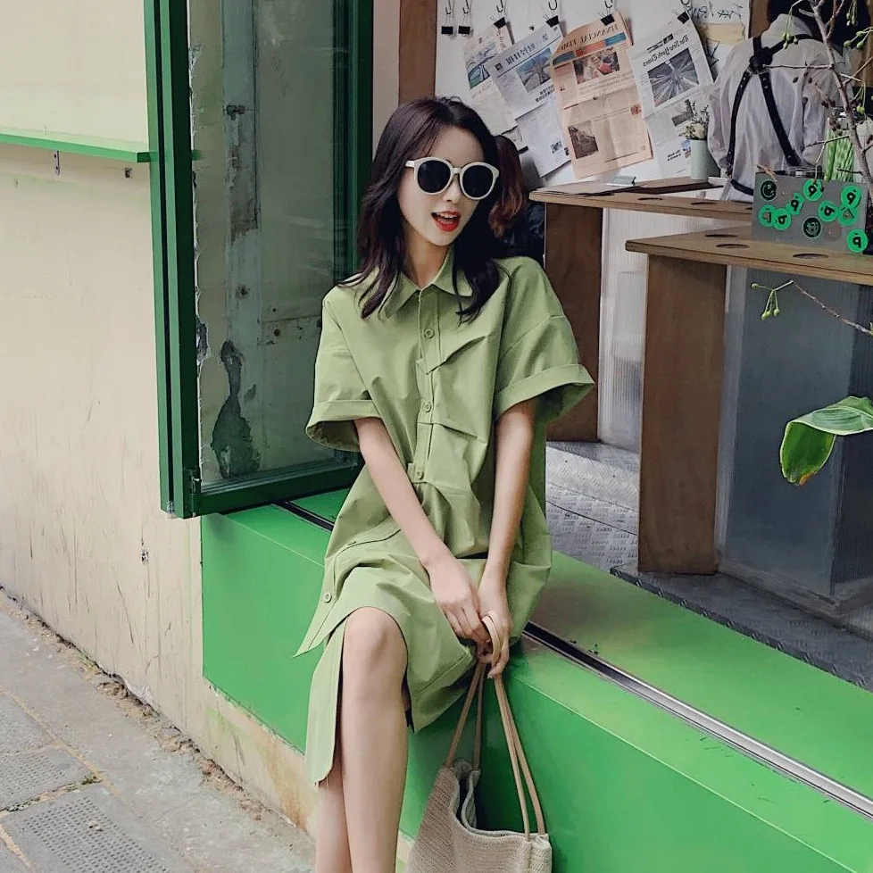 

Photo Shoot CHIC Sense of Design Green Mid-length Loose And Plus-sized Fold-down Collar Single Breasted by Age Irregular Dress W