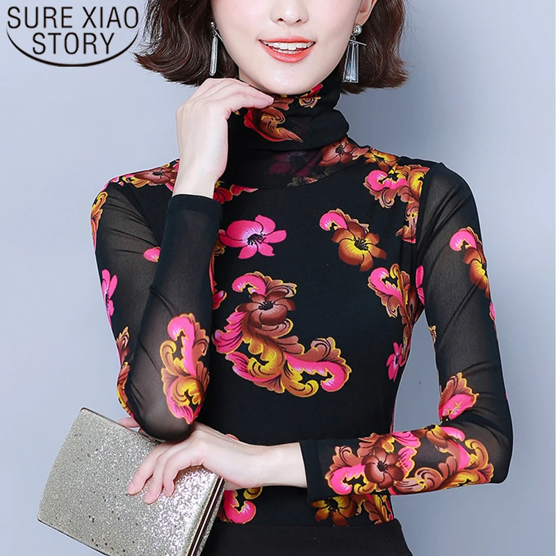 

Autumn 2019 New Korean Casual Women Tops Long Sleeve Turtleneck Mesh Slim Elegant Women Blouses Printed Women Clothing 6119 50