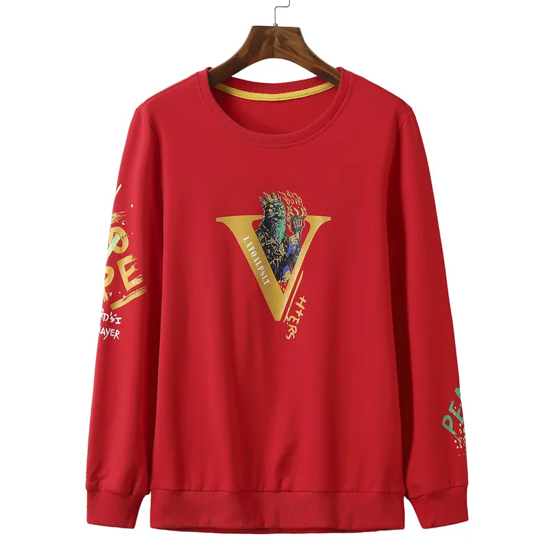 

Big Size Men's Wear Sweater Pure Cotton Autumn Style Round Neck Pullover Plus Fat plus Male Long Sleeve Loose Red Wei Yi