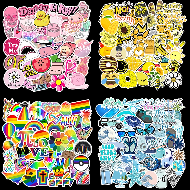 50Pcs PVC Waterproof Girls Kawaii Pink Yellow Blue Sticker Toys Luggage Stickers for Motor Car & Suitcase Fashion Laptop Decals