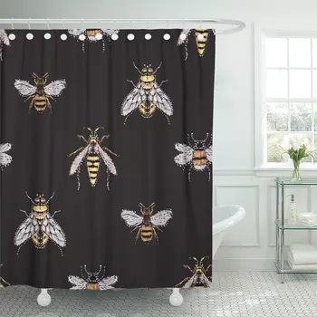 

Rhinestones Yellow Fly Big Honey Bee Wasp Small Funny Crystal Patch with Insects on Black Shower Curtains Waterproof Polyester