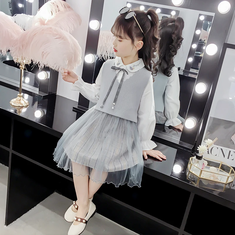Одежда для маленьких девочек в консервативном стиле рубашка с длинными рукавами платья в стиле пэчворк+ вязаный жилет комплекты из 2 предметов для девочек милая детская одежда с бантом