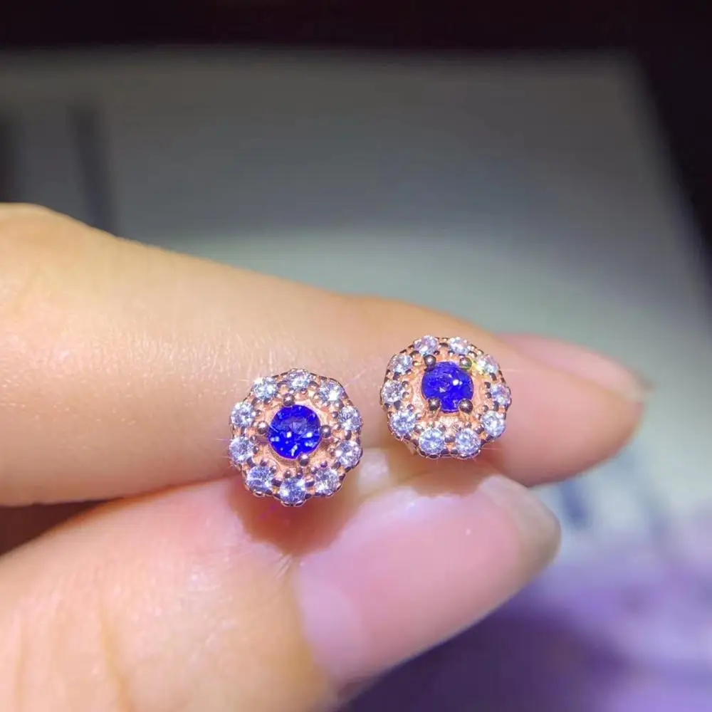 

Fashion Elegant delicate round natural sapphire stud earrings Natural gemstone earrings S925 silver women party gift jewelry